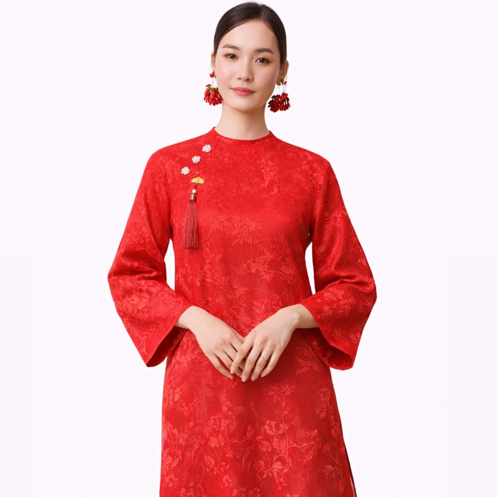 Red Lace Traditional Ao Dai Vietnamese with Pants Lunar New Year size L